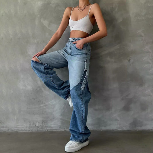 Jeans de cintura alta con diseño de costuras, estilo retro y pierna ancha